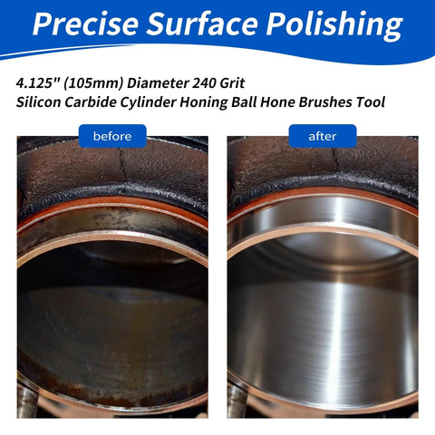 Cylinder honing ball brush, 4.125 in diameter, 240 grit silicon carbide; two-panel image showing bore before and after polishing