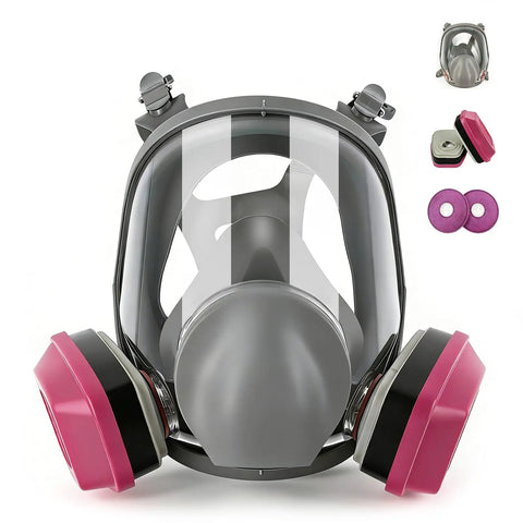 Full Face Respirator With Filters For Sanding, Painting, Spraying And Welding Reusable Gas Mask with front view and filters shown