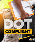 Person holding clipboard near truck wheel labeled "DOT Compliant"
