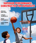 Kids playing with Kids Adjustable Basketball Hoop System Portable 3 To 7 Ft For Backyard Driveway Or Indoor Play With Shatterproof Backboard