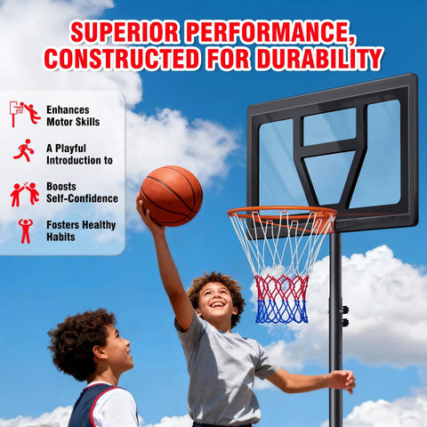Kids playing with Kids Adjustable Basketball Hoop System Portable 3 To 7 Ft For Backyard Driveway Or Indoor Play With Shatterproof Backboard