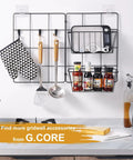 Four Pack Large Grid Wall Baskets With S Hooks for Garage or Display Shelves, heavy-duty black metal gridwall organizer installed in kitchen.