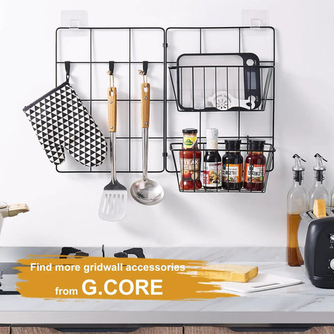 Four Pack Large Grid Wall Baskets With S Hooks for Garage or Display Shelves, heavy-duty black metal gridwall organizer installed in kitchen.