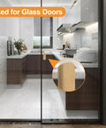 Premium Self Adhesive Beech Wood Cabinet Knobs No Drill Thick Furniture Pulls For Cupboards And Doors Slick Quick Install No Messing Around Just Peel Stick And Look Fresh Heavy Duty Handle Grips Two Pack mounted on glass door in modern kitchen.