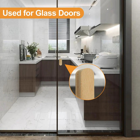 Premium Self Adhesive Beech Wood Cabinet Knobs No Drill Thick Furniture Pulls For Cupboards And Doors Slick Quick Install No Messing Around Just Peel Stick And Look Fresh Heavy Duty Handle Grips Two Pack mounted on glass door in modern kitchen.