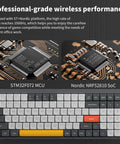 Ultra Slim Wireless Mechanical Keyboard With 100 Keys And Custom RGB Backlit Lighting Featuring Bluetooth Five Point One And Fast Wired Modes For Pcs Mac Laptops In Sleek Grey With Smooth Gateron Aloe Switches That Hit Different Daily close-up of PCB and keyboard layout with STM32F072 MCU and Nordic NRF52810 SoC.