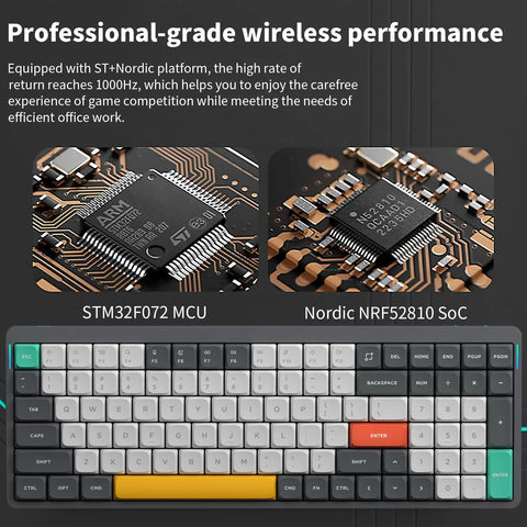Ultra Slim Wireless Mechanical Keyboard With 100 Keys And Custom RGB Backlit Lighting Featuring Bluetooth Five Point One And Fast Wired Modes For Pcs Mac Laptops In Sleek Grey With Smooth Gateron Aloe Switches That Hit Different Daily close-up of PCB and keyboard layout with STM32F072 MCU and Nordic NRF52810 SoC.