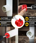 PVC Pipe Reamer With 1-1/2 Inch Aluminum Head in use with drill, demonstrating installation and cleaning on Schedule 40 PVC piping.