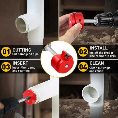 PVC Pipe Reamer With 1-1/2 Inch Aluminum Head in use with drill, demonstrating installation and cleaning on Schedule 40 PVC piping.
