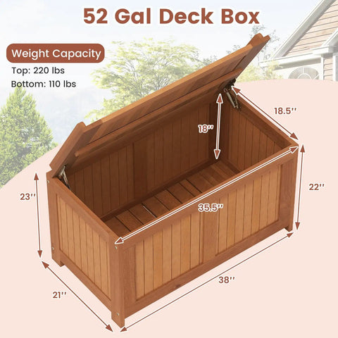 Open view of teak finish 52 Gallon Outdoor Storage Bench With Flip Top For Cushions And Pool Supplies, All In One Deck Box.