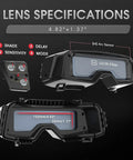 True Color Auto Darkening Welding Goggles With Wide Shade Range 4/5-9/9-13 showing lens specifications and controls.