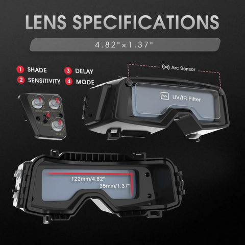 True Color Auto Darkening Welding Goggles With Wide Shade Range 4/5-9/9-13 showing lens specifications and controls.