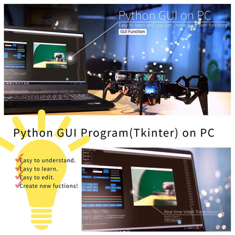 Bionic Quadruped Spider Robot Kit For Raspberry Pi 4 Or 3 B Plus Hands On OpenCV Object Tracking Self Stabilizing MPU6050 Gyro Sensor Remote GUI Control STEM Crawling Robot With PDF Manual, Python GUI on PC