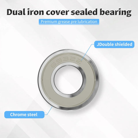 Close-up of a dual iron cover sealed bearing, chrome steel, with labels stating premium grease pre-lubrication, 693ZZ model.