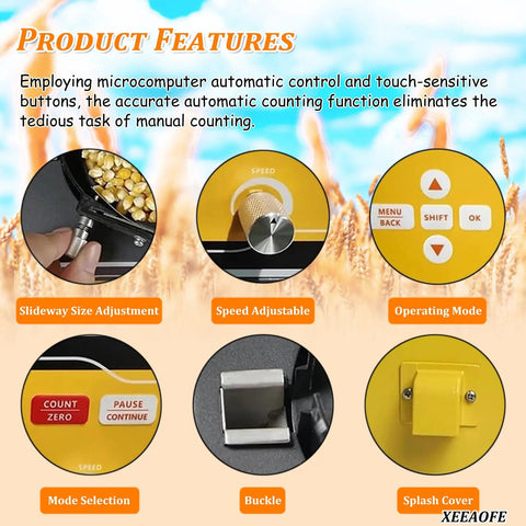 Close-up of XeeaoFe Automatic Seed Counting Machine control features, showcasing buttons for speed, mode, and size adjustment.