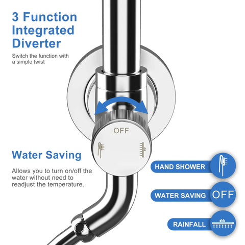 Close-up of the 3 function integrated diverter on the 9 Inch Rainfall Shower Head And Handheld Showerhead Combo With Slide Bar in Brushed Nickel.