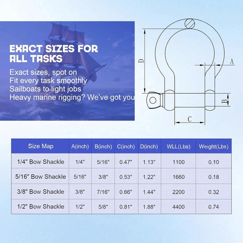 Diagram showing sizes and specifications of 5/16 inch Black 316 Stainless Steel Bow And Clevis Shackles for marine use.