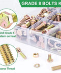 Heavy Duty Hex Nuts And Bolts 608 Piece Kit With Washers Rust Resistant Finish showing Grade 8 bolts with coarse threads and SAE pattern.