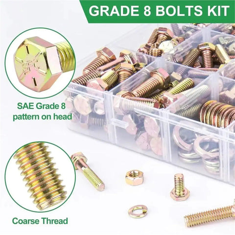 Heavy Duty Hex Nuts And Bolts 608 Piece Kit With Washers Rust Resistant Finish showing Grade 8 bolts with coarse threads and SAE pattern.