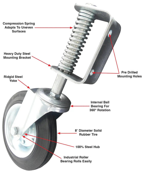 8 Inch Spring Loaded Gate Caster With 360 Degree Swivel Built To Last Heavy Duty 375 Lb Capacity, Solid Rubber Flat Free Wheel