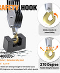 Beefy Heavy Duty Block And Tackle Pulley System 2200Lb Capacity with 4 Wheel Rope Hoist showing safety hook and specifications