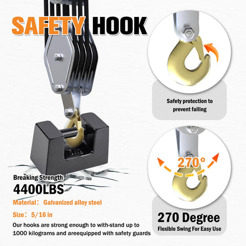 Beefy Heavy Duty Block And Tackle Pulley System 2200Lb Capacity with 4 Wheel Rope Hoist showing safety hook and specifications