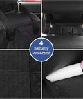 Close-up of security features of Front Seat Dog Car Cover for Cars Trucks and SUVs Waterproof Nonslip Easy Clean 4 Layer Quilted Seat Protector with 600D Oxford Cloth and buckle straps.