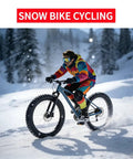 Person riding fat bike with Fat Bike Wheel Set 20 24 26 Inches 4.0 Fat Tires Front Snow Beach Wheel Kit in snowy terrain