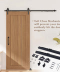 Hole-Free Barn Door Soft Close Mechanism, Upgraded Sliding Door Hardware With Spring Buffer Damper shown with wooden door