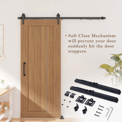 Hole-Free Barn Door Soft Close Mechanism, Upgraded Sliding Door Hardware With Spring Buffer Damper shown with wooden door