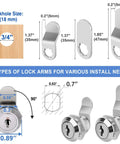 Diagram of Five Eighths Inch Zinc Alloy Cam Locks Set with 3 types of lock arms dimensions, showing installation options.