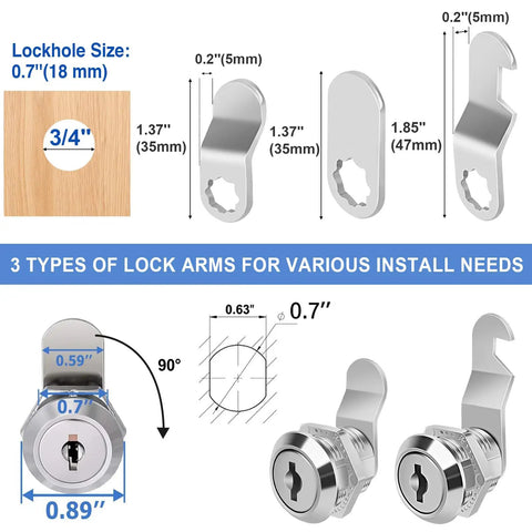 Diagram of Five Eighths Inch Zinc Alloy Cam Locks Set with 3 types of lock arms dimensions, showing installation options.