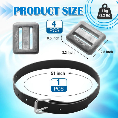 Four 2.2 Pound Dive Weights Set With Rubber Belt And Metal Buckle For Scuba Diving Freediving Spearfishing And Snorkeling