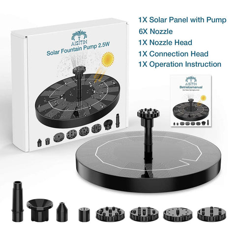 Two And A Half Watt Solar Fountain Pump With Six Nozzles Six To Seven Inch Solar Powered Water Fountain for bird baths.