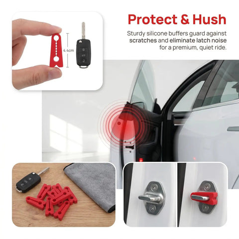 Heavy Duty Silicone Car Door Lock Buffer Pads For Hella Quiet Drives And Zero Rattle With Strong Self Adhesive Backing on a car door.