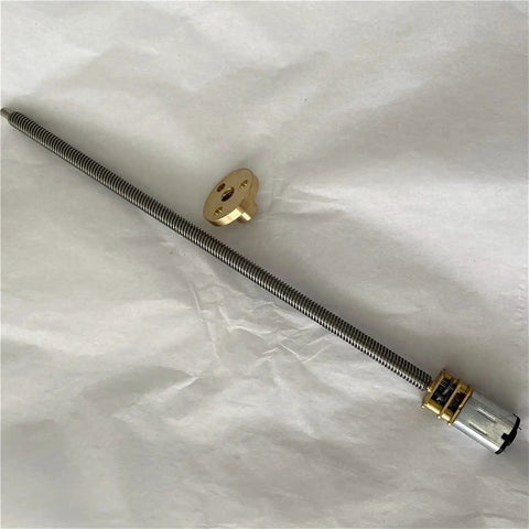 Built Different Six Volt Dc Geared Motor For Diy Lift Platforms And Conveyor Drives With Rock Solid N20 Quality Stainless Steel Frame And Fast T5 Threaded Flange Shaft Running Smooth At 120 Or 200 Rpm showing motor assembly with stainless steel threaded shaft and brass flange.
