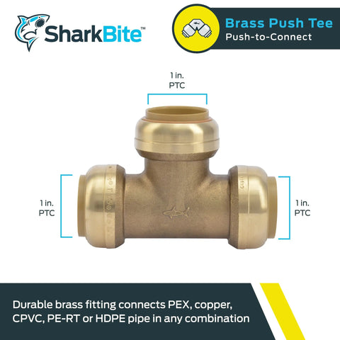 Three Quarter Inch Brass Push to Connect Tee Plumbing Fitting Six Pack Ideal for Quick Joins in Tight Spaces Works with PEX Copper CPVC PERT HDPE Model U370LF shown