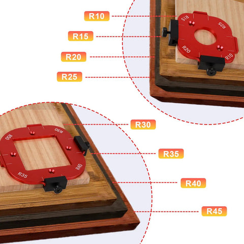 Built Tough Router Template And Jig For Woodworking Pro Grade Aluminum Corner Radius Guide Kit with multiple radius sizes displayed.