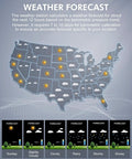 Weather forecast map of the USA with symbols for sun, clouds, and rain, showing upcoming weather changes on display.