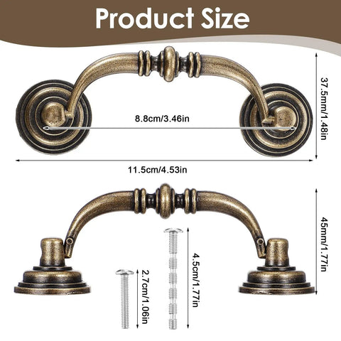 Product dimensions for Vintage Drop Bail Bronze Drawer Pulls 3.5 Inch Center Hole 2 Pack Cabinet Handles shown with screws