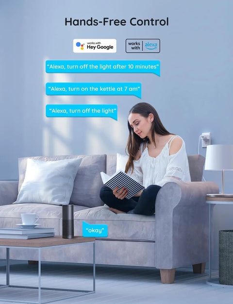 Woman using Smart Plug 15A WiFi Bluetooth Outlet Works With Alexa And Google Assistant, reading with hands-free control on couch.