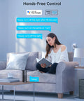 Woman relaxing on a couch using voice commands with a smart speaker, showcasing Super Solid 15A WiFi Smart Plug And Bluetooth Outlet 4 Pack Featuring Effortless Group Control And Voice Assistant Compatibility For Hassle Free Smart Home Automation Anytime.