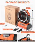 High Capacity 30000mAh Oscillating Camping Fan With LED Lantern Rechargeable Tent Fan With Timer Four Speed Outdoor Fan For Campouts RV Trips Jobsite And Power Outages Orange, showing packaging, fan, remote, manual, and accessories.
