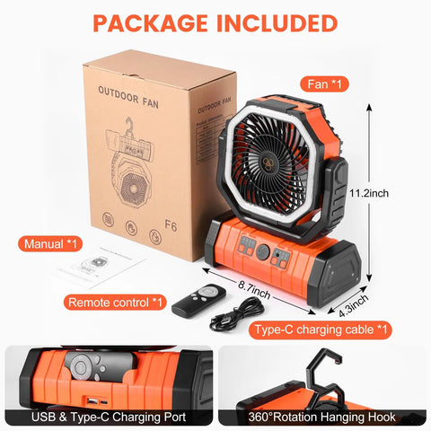 High Capacity 30000mAh Oscillating Camping Fan With LED Lantern Rechargeable Tent Fan With Timer Four Speed Outdoor Fan For Campouts RV Trips Jobsite And Power Outages Orange, showing packaging, fan, remote, manual, and accessories.