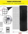 24-Inch By 50-Foot 16 Gauge Hardware Cloth With Black Vinyl Coating Welded Wire Mesh For Home And Garden Built Tough Rust-Resistant Fence Mesh For DIY Projects And Yard Fencing specifications image showing dimensions and uses like animal containment and screen door.