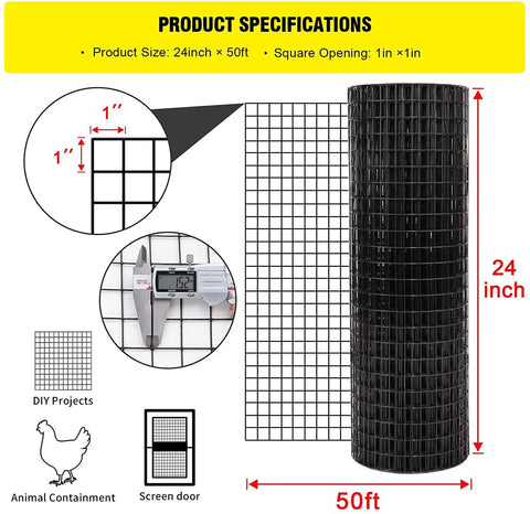 24-Inch By 50-Foot 16 Gauge Hardware Cloth With Black Vinyl Coating Welded Wire Mesh For Home And Garden Built Tough Rust-Resistant Fence Mesh For DIY Projects And Yard Fencing specifications image showing dimensions and uses like animal containment and screen door.