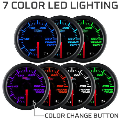 Tinted 7 Color Transmission Temperature Gauge Kit 260F for Rigs and SUVs, 2-1/16 Inch 52mm dial with LED color options