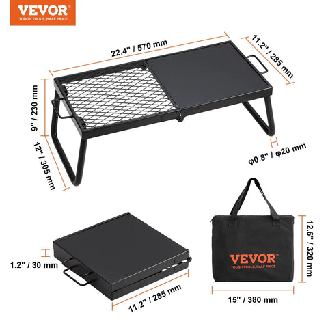 Foldable Campfire Grill With Legs Heavy Duty Steel Mesh Grate 22.4 Inch Portable Open Flame Grilling Rack Includes Carry Bag Camping Gear For Outdoor Cooking Over A Fire Pit with measurements shown