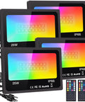 Outdoor 25W RGB LED Flood Lights 4 Pack With Remote Control Color Changing Patio Uplights Waterproof IP66, remotes shown
