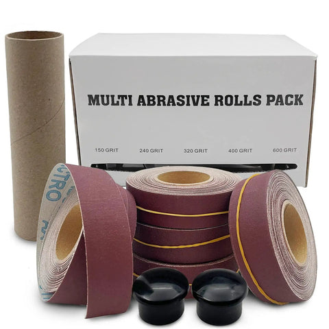 Emery Cloth Roll Set With 5 Grits 150 240 320 400 600 8 Meters Aluminum Oxide Sandpaper in front of packaging